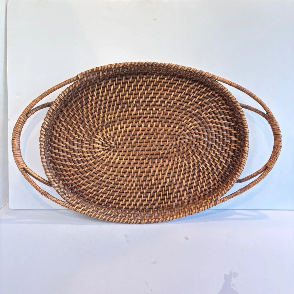 Vintage Woven Rattan Oval Serving Tray Handles Wicker Large 23